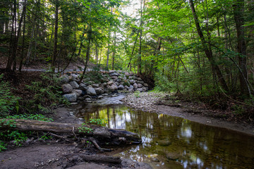 Sunset at the beach and woods in Barrie Ontario Canada with lake view, river, trees, stone formation, and light