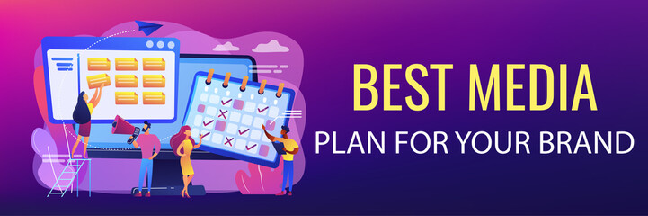 Time management, marketers teamwork. Media planning, media representation control, reach your client, best media plan for your brand concept. Header or footer banner template with copy space.