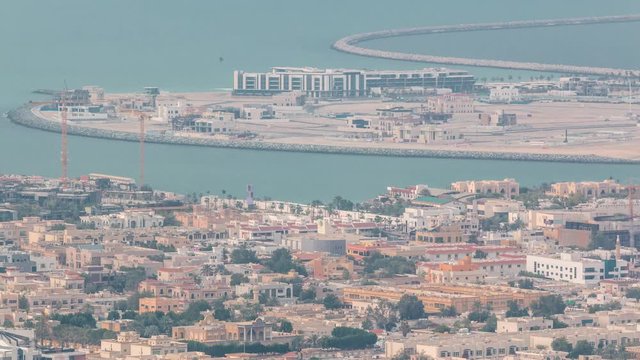Aerial view of Dubai man made Daria Island, Dubai, United Arab Emirates. Evening view from above