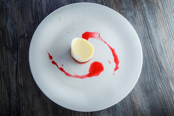 top view on exquisite decorated layered mousse dessert