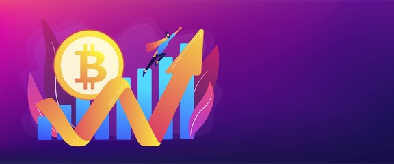 Virtual money capitalization rise. Blockchain technology. Cryptocurrency makes comeback, bitcoin price back, cryptocurrency market growth concept. Header or footer banner template with copy space.