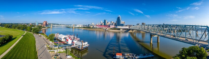 Fototapeta na wymiar Panoramic aerial view of Cincinnati downtown with building reflection on the Ohio river on a sunny summer morning