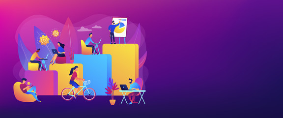 Office interior. People working in creative workspace on open space. Modern workplace, employee happiness, how to boost productivity concept. Header or footer banner template with copy space.