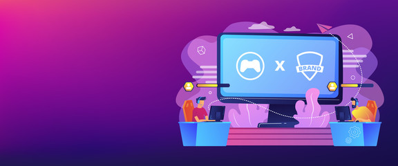 Cybersports competition. Branded game players playing. eSports collaboration esports partnership, esports and global brands cooperation concept. Header or footer banner template with copy space. © Visual Generation