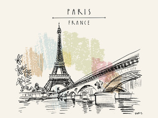 Fototapeta Eiffel Tower in Paris, France. Vintage hand drawn touristic postcard obraz
