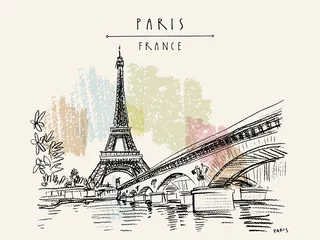 Deurstickers Eiffeltoren in Parijs, Frankrijk. Vintage handgetekende toeristische ansichtkaart © babayuka