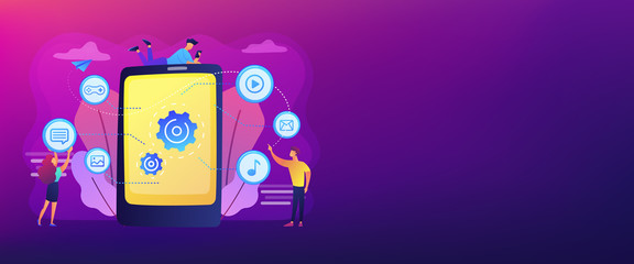 SEO, website, software development. App optimization, programming. Web designers, programmers cartoon characters. Mobile content concept. Header or footer banner template with copy space.