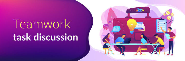 Colleagues meeting. Team brainstorming. Corporate training. Business briefing, teamwork task discussion, business strategy communication concept. Header or footer banner template with copy space.