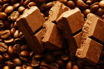 Chocolate bar and coffee beans