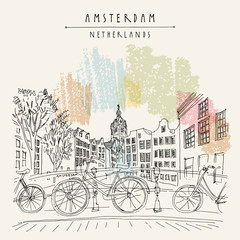 Amsterdam, Holland, Netherlands - vintage hand drawn postcard - obrazy, fototapety, plakaty