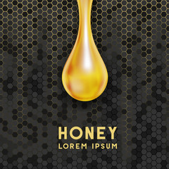 Cosmetic or food packaging with hanging honey or oil drop. Vector design.
