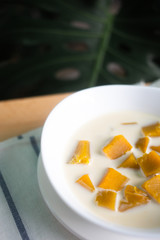 Thai dessert: Pumpkin in sweet coconut milk,  Coconut Milk Stewed Pumpkin bowl. (Buak Phak Tong)