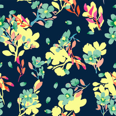 Materiał do szycia Abstract floral seamless pattern. Bright colors, painting on a dark background. Cherry blossoms.
