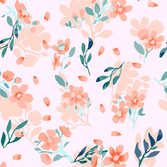 Materiał do szycia Abstract floral seamless pattern. Bright colors, painting on a light background. Cherry blossoms.