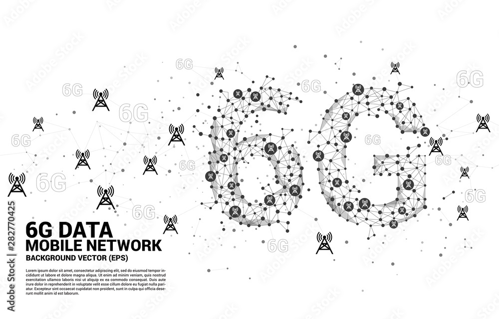 Aufkleber Vector Polygon dot connect line shaped 6G mobile network with antenna tower icon. Concept for telecom technology.