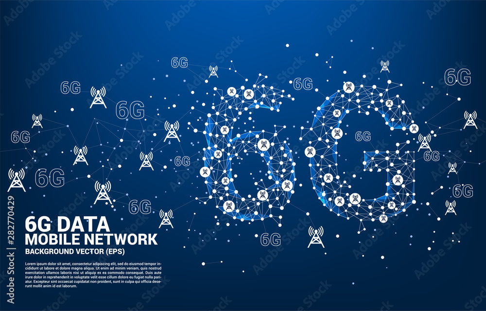 Poster Vector Polygon dot connect line shaped 6G mobile network with antenna tower icon. Concept for telecom technology.