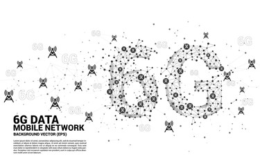 Vector Polygon dot connect line shaped 6G mobile network with antenna tower icon. Concept for telecom technology.