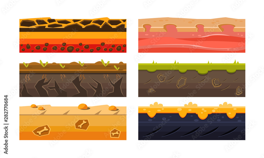 Poster fantasy platforms set, ground textures for mobile or computer games user iinterface vector illustrat