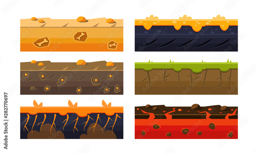 Poster fantasy platforms set, soil layers for mobile or computer games user iinterface vector illustration