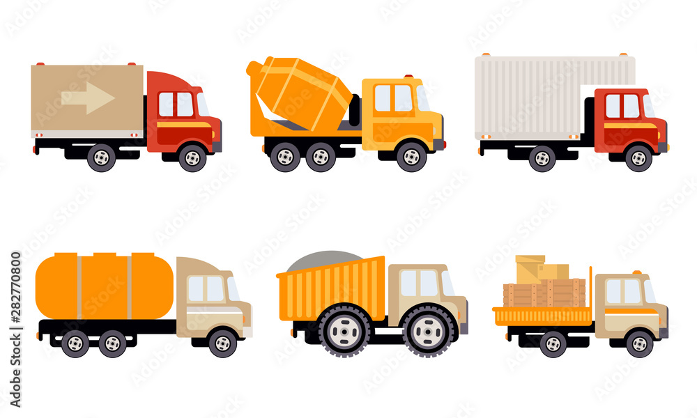 Sticker Cargo, Construction and Specialized Machinery for Transportation Set, Delivery Trucks Vector Illustration