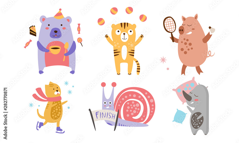 Sticker Cute Animals Different Activities Set, Adorable Humanized Animals Characters Engaged in Sports, Juggling, Sleeping, Eating Vector Illustration