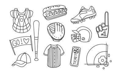 Collection of Baseball Equipment, Hand Drawn Monochrome Baseball Attributes and Gear, Glove, Bat, Helmet, Cap, Ball, Field Vector Illustration