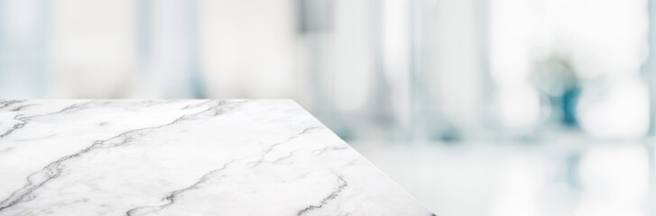 marble table top product display background with blur business office hallway.left perspective...