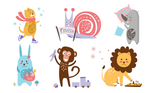 Cute Animals Different Activities Set, Adorable Humanized Animals Characters Engaged in Sports, Sleeping, Plsying Toys Vector Illustration