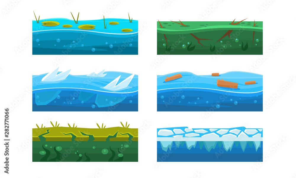 Poster fantasy platforms set, water and ice textures for mobile or computer games user iinterface vector il