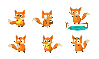 Cute Little Fox Doing Different Activities Set, Funny Forest Animal Character in Different Situations Vector Illustration