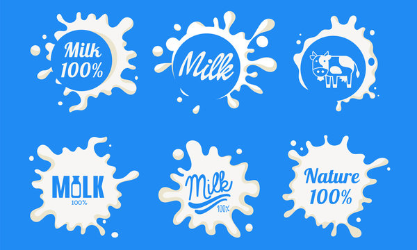 Natural Milk Logo Templates Set, Organic Dairy Product Labels Vector Illustration