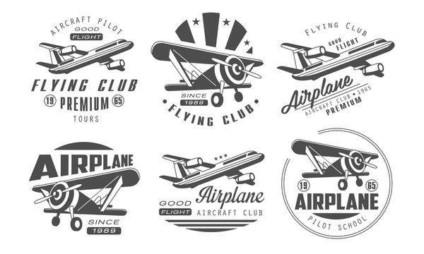Flying Club Premium Logo Templates Set, Retro Aviation Aircraft Club Monochrome Badges Vector Illustration