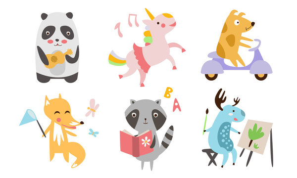 Cute Animals Different Activities Set, Adorable Humanized Animals Characters Playing Musicall Instrument, Reading Book, Riding Scooter, Painting, Dancing Illustration
