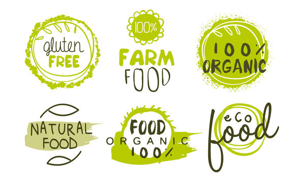 Natural Organic Food Green Labels Set, Eco Bio Products, Gluten Free Hand Drawn Badges, Emblems Vector Illustration