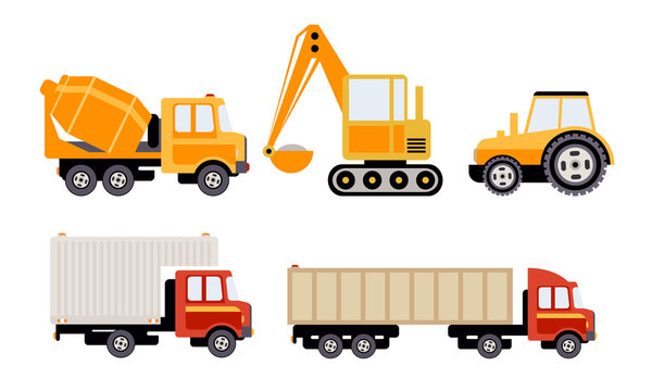 Cargo, Construction and Specialized Machinery Set, Concrete Mixer Truck, Excavator, Tractor, Tank, Refrigerator Vector Illustration