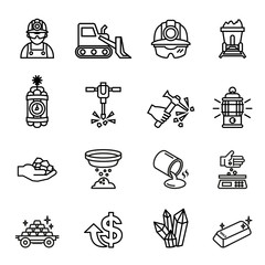 Gold mining factory industry icons set.  Line style stock vector.