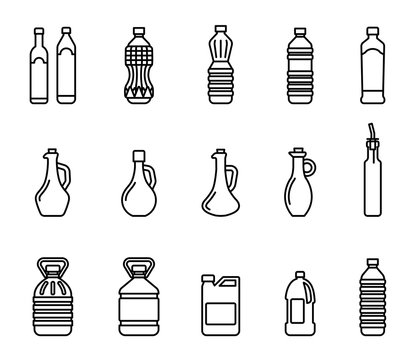 Vector icon set of pictures of different types of oil for cooking. Group bottles of oil for frying.