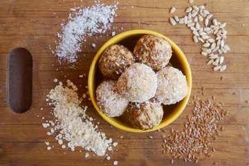 energy ball of oatmeal, coconut, flaxseeds, fruit