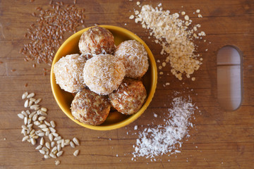 energy ball of oatmeal, coconut, flaxseeds, fruit