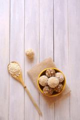 energy ball of oatmeal, coconut, flaxseeds, fruit