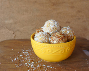 energy ball of oatmeal, coconut, flaxseeds, fruit
