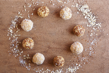 energy ball of oatmeal, coconut, flaxseeds, fruit