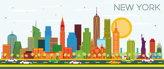 New York USA City Skyline with Color Skyscrapers and Blue Sky. Vector Illustration. Business Travel and Tourism Concept with Modern Architecture. New York Cityscape with Landmarks.