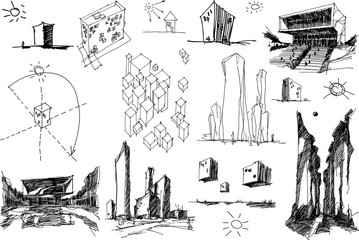 many hand drawn architectectural sketches of a modern abstract architecture nad geometric objects and urban ideas and drafts