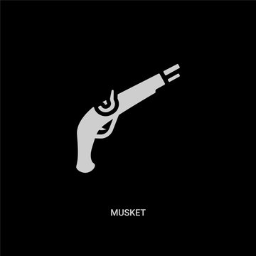 White Musket Vector Icon On Black Background. Modern Flat Musket From Weapons Concept Vector Sign Symbol Can Be Use For Web, Mobile And Logo.