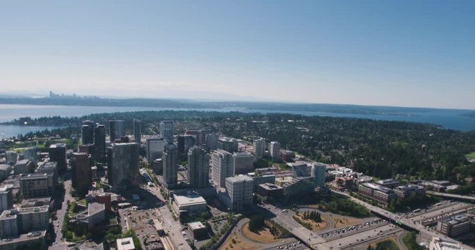 Bellevue and Seattle Washington Skyline Views Across Lake Washington Sky High Above City Aerial