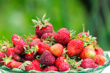 Freshly Harvested Red Strawberries In A Glass Bowl on Blurred Green Background. Organic Farming, Healthy Food Concept.