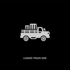 white loaded truck side view vector icon on black background. modern flat loaded truck side view from transport concept vector sign symbol can be use for web, mobile and logo.