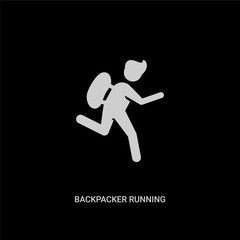 Fototapeta na wymiar white backpacker running vector icon on black background. modern flat backpacker running from people concept vector sign symbol can be use for web, mobile and logo.