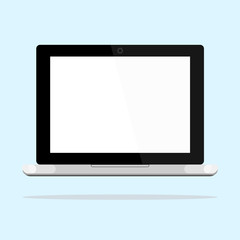 Laptop icon isolated on background. Open computer, pc with monitor, keyboard. Front view. Vector flat design